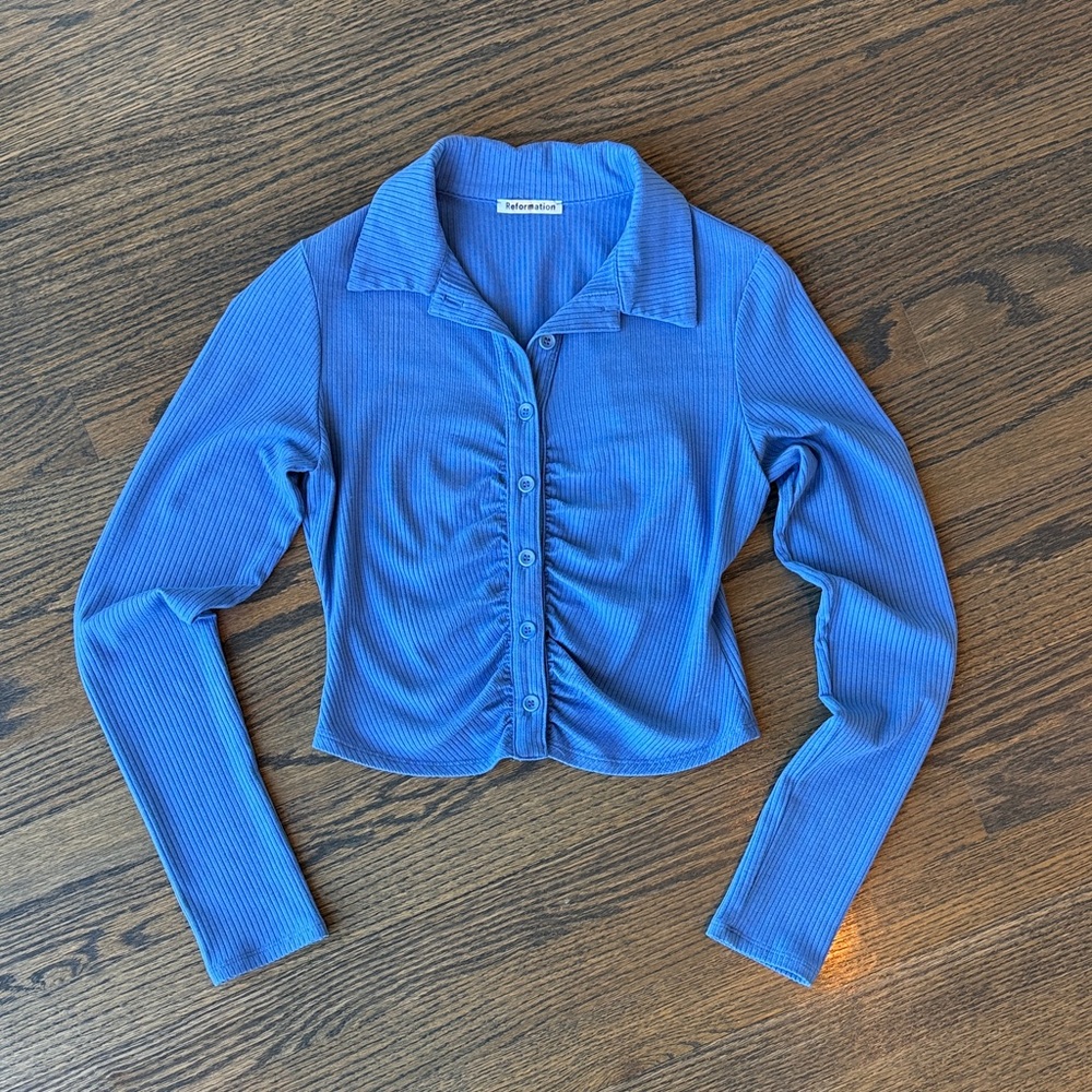 Reformation Blue Button Up Ribbed Long Sleeve Cropped length Top size Small EUC